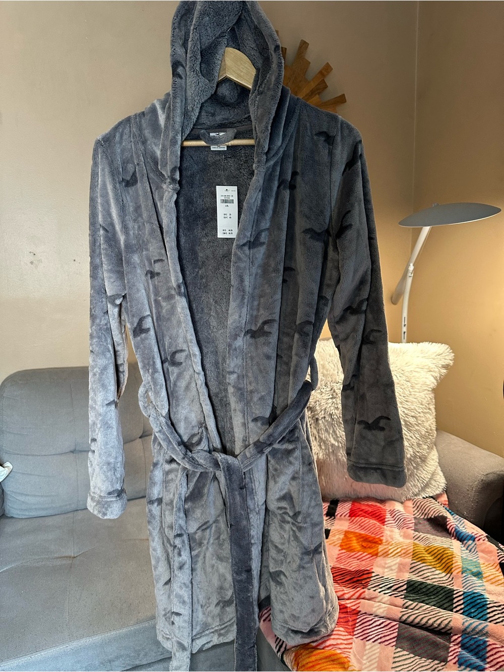 Hollister Plush Hooded Grey Robe with Belt and Logo